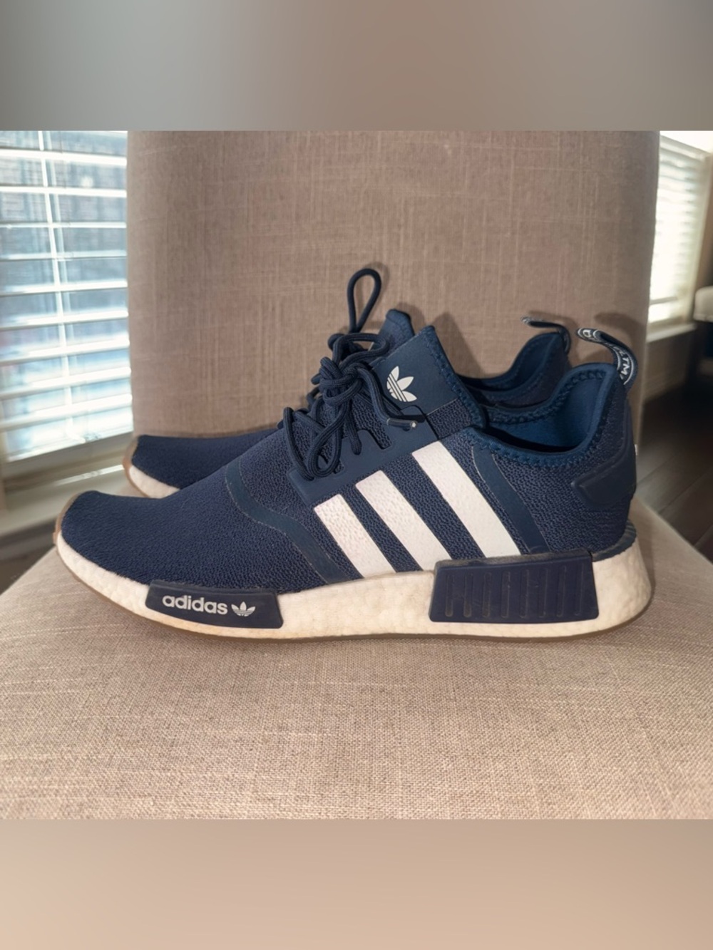 Adidas NMD R1 Navy Blue White Stripes Sneakers Size 10